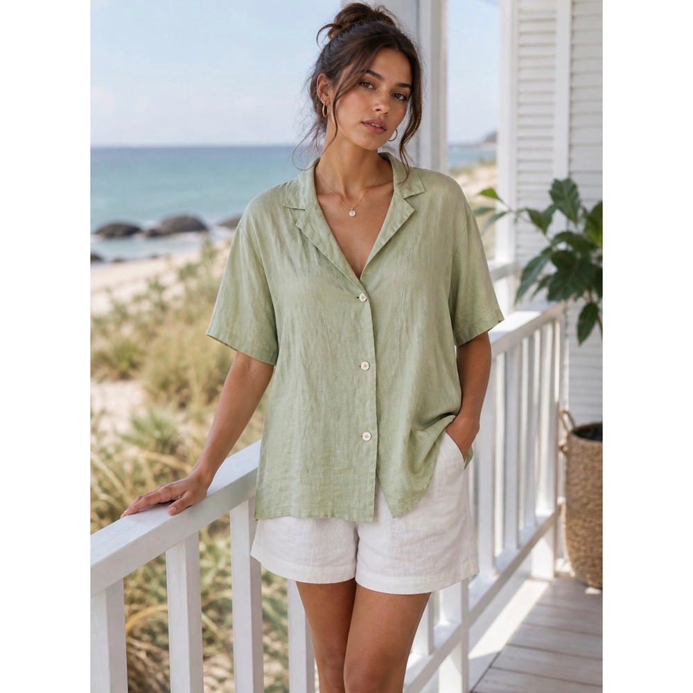 Grae Cove Button Front Boxy Shirt  100% Linen  Green Coastal Cruise XXL